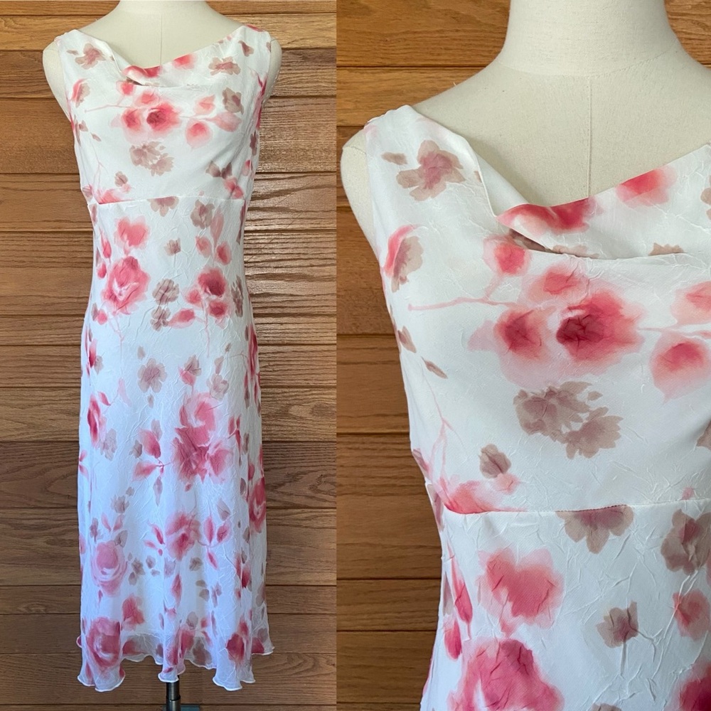 Y2K B. Darlin coquette brown and pink floral cowl neck slip dress